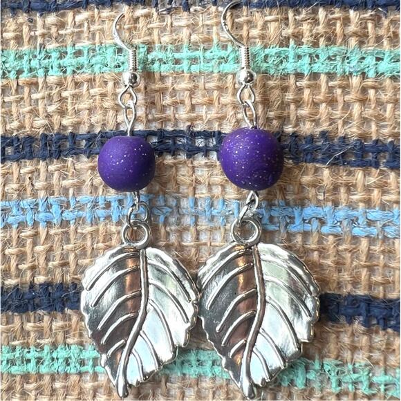 Handmade Silver Leaf Dangle Earrings with Purple Clay Bead – 2.75" Long - Picture 1 of 3